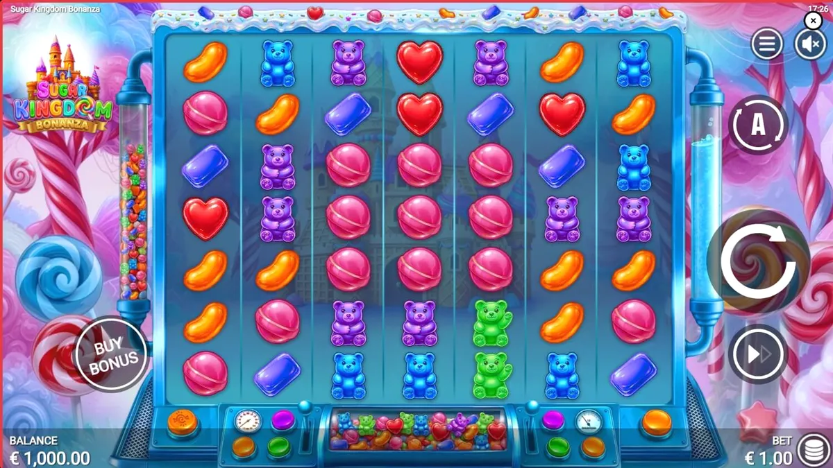 Tampilan visual permainan slot Sugar Kingdom Bonanza dengan tema permen yang cerah