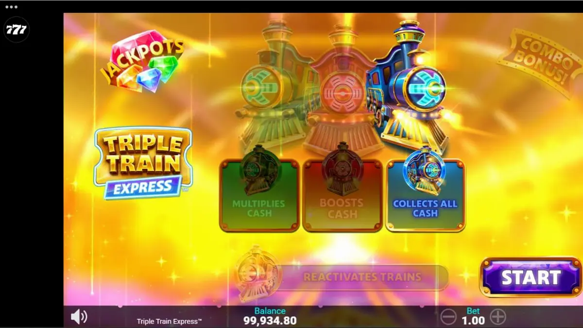 Tampilan visual futuristik dan neon dari slot Triple Train Express dengan lokomotif bercahaya.